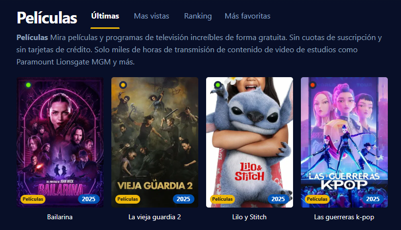 Captura de pantalla de la interfaz de usuario de Pelisflix, mostrando una variedad de pel&iacute;culas y series con un dise&ntilde;o retro.